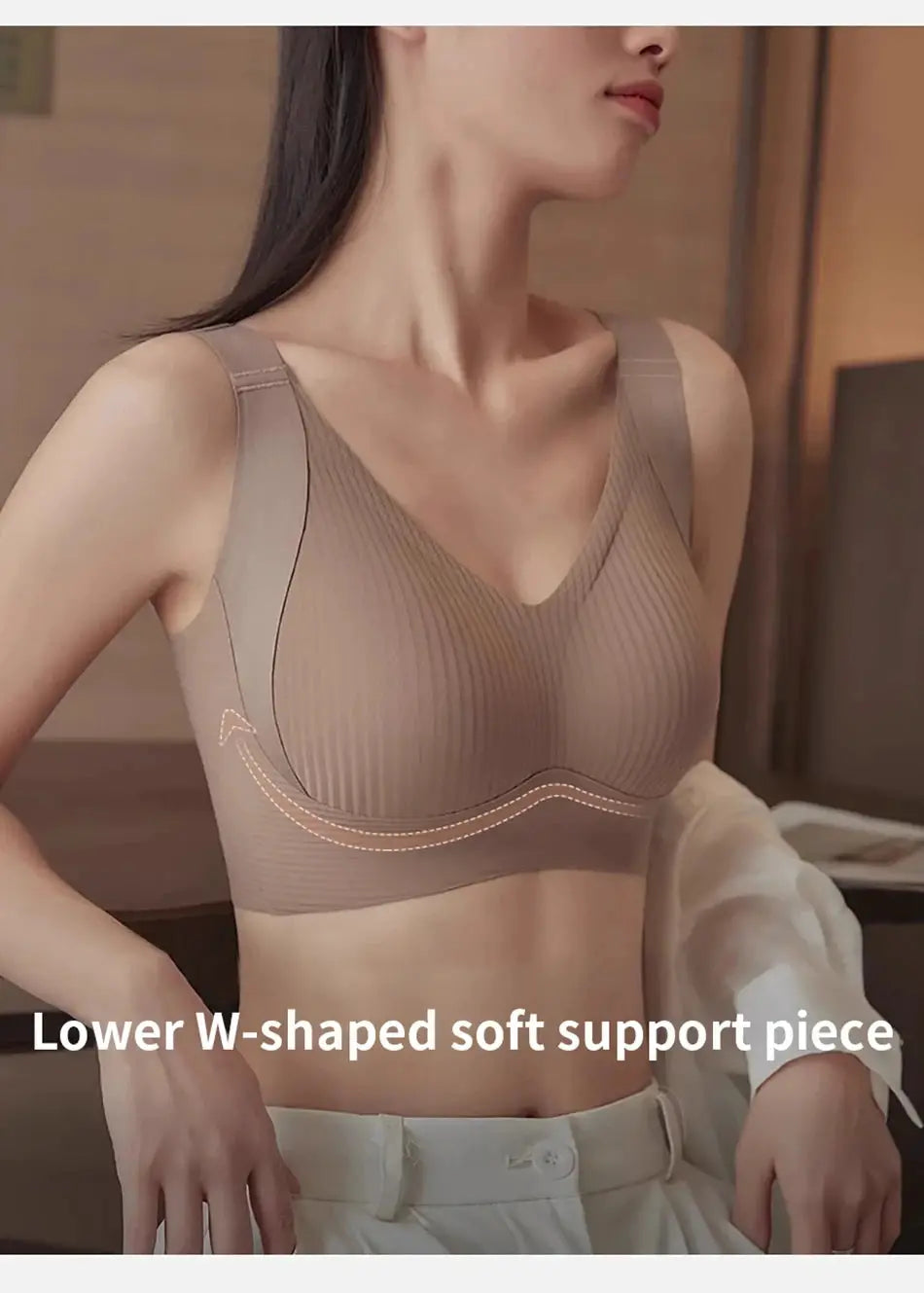 Seamless wireless bra by Simples Market in taupe beige with lower W-shaped soft support piece.