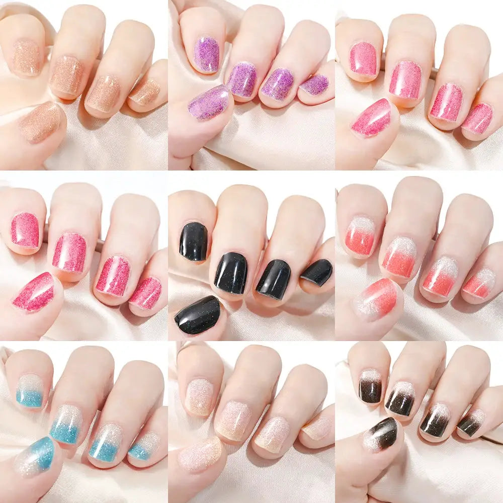 Simples Market 16Tips French glitter nail stickers; full-cover UV gel wraps in assorted pink, nude, purple, blue and black.