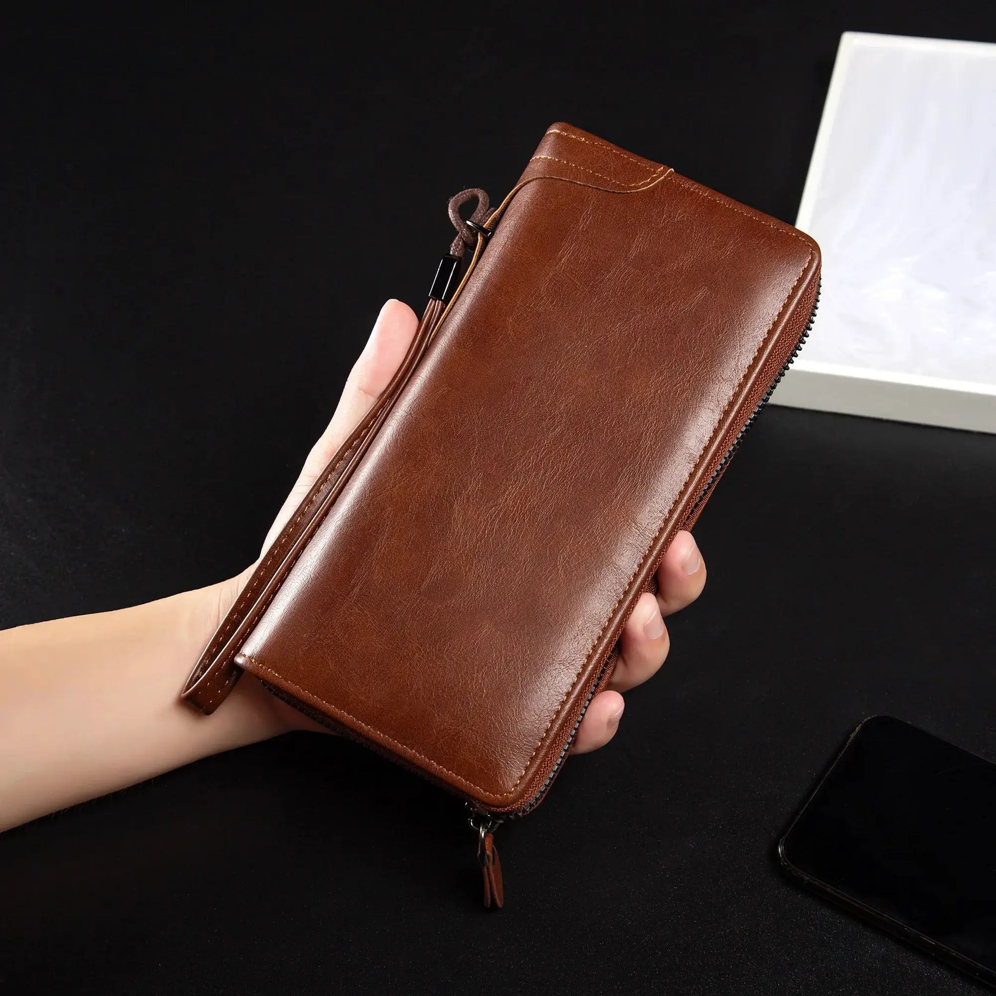 Men's brown PU leather long zipper wallet for men with stitched edges and pull tab