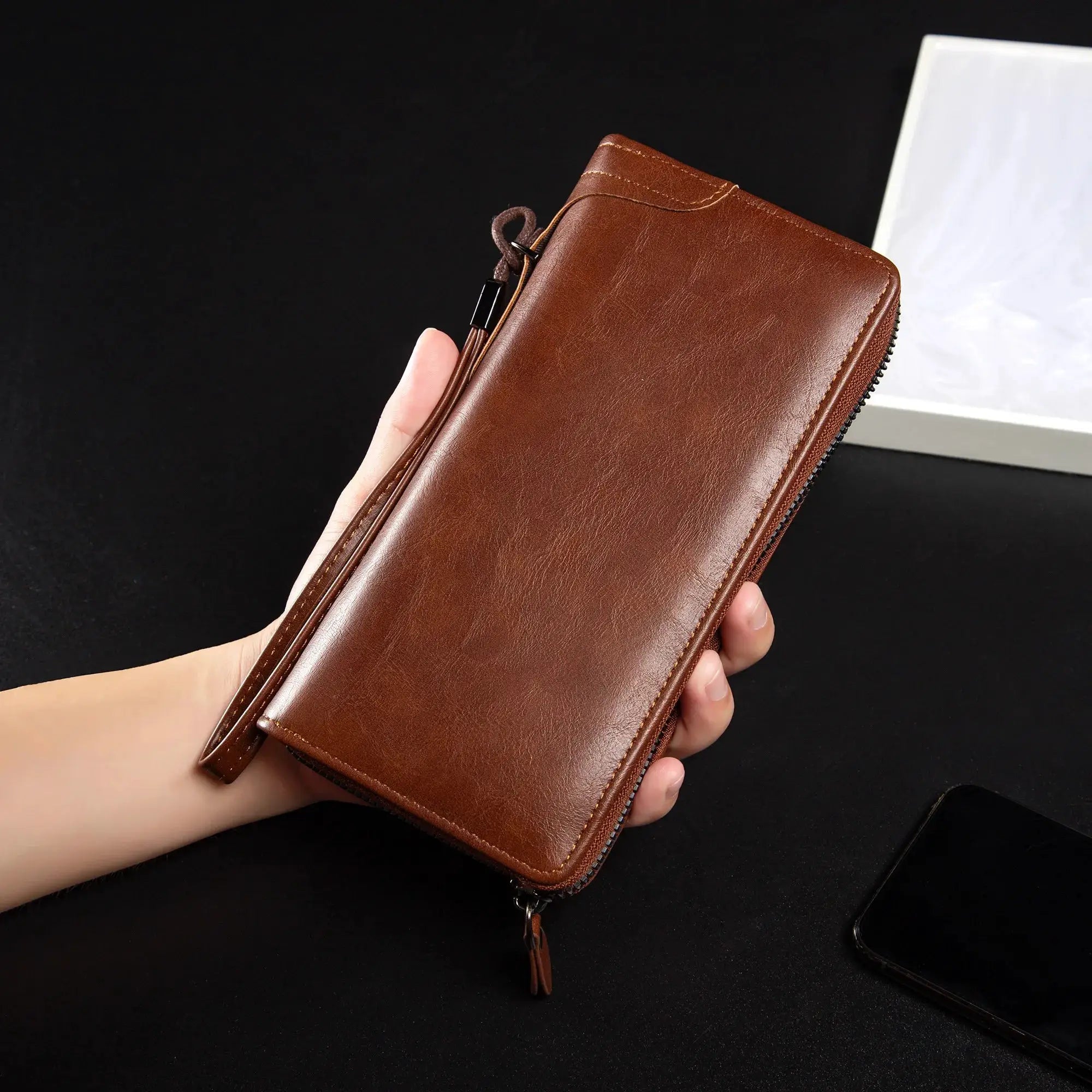 Men's brown PU leather long zipper wallet for men with stitched edges and pull tab