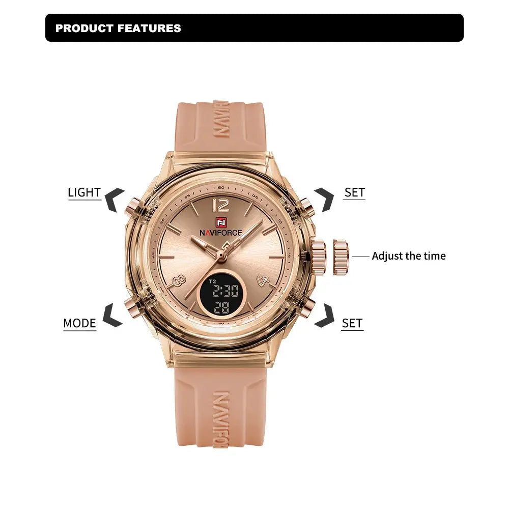 NAVIFORCE women's watch with rose-gold case and pink rubber strap; waterproof dual-time quartz