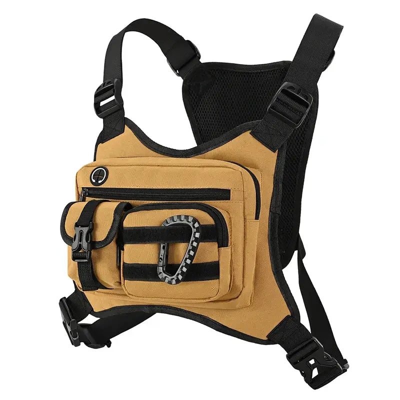 Outdoor tactical chest bag by Simples Market in tan with multiple front pockets, carabiner, and adjustable straps