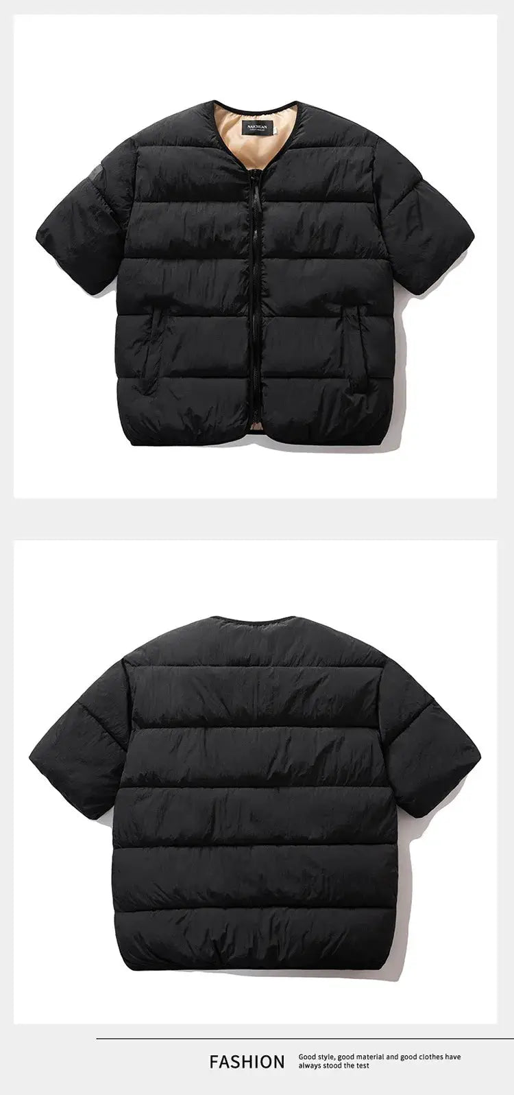 Simples Market black cotton-padded puffer vest for men and women, half-sleeve with front zipper and beige lining