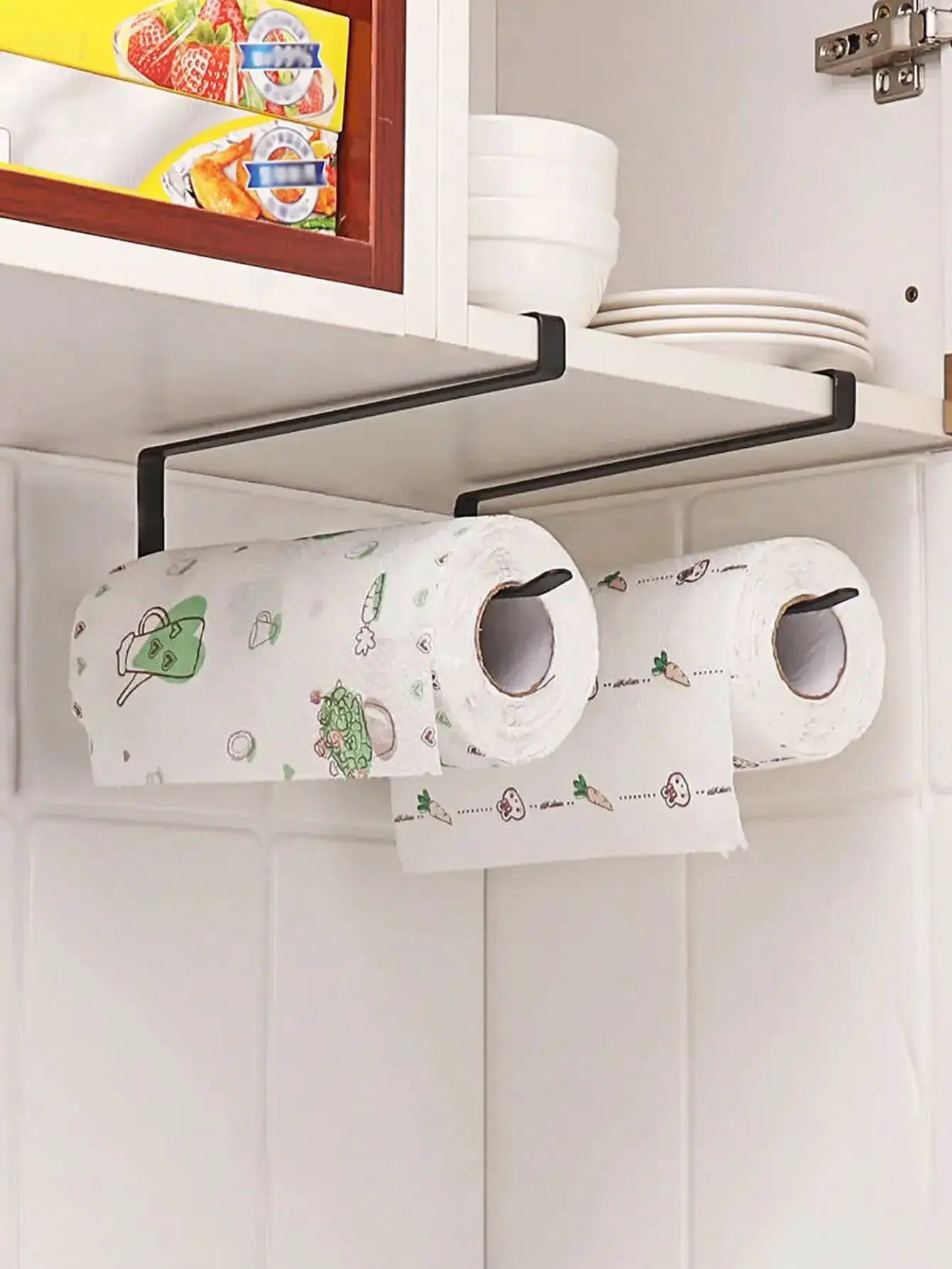 Paper roll holder towel rack, black metal under-cabinet mounting, holds 2 toilet paper rolls