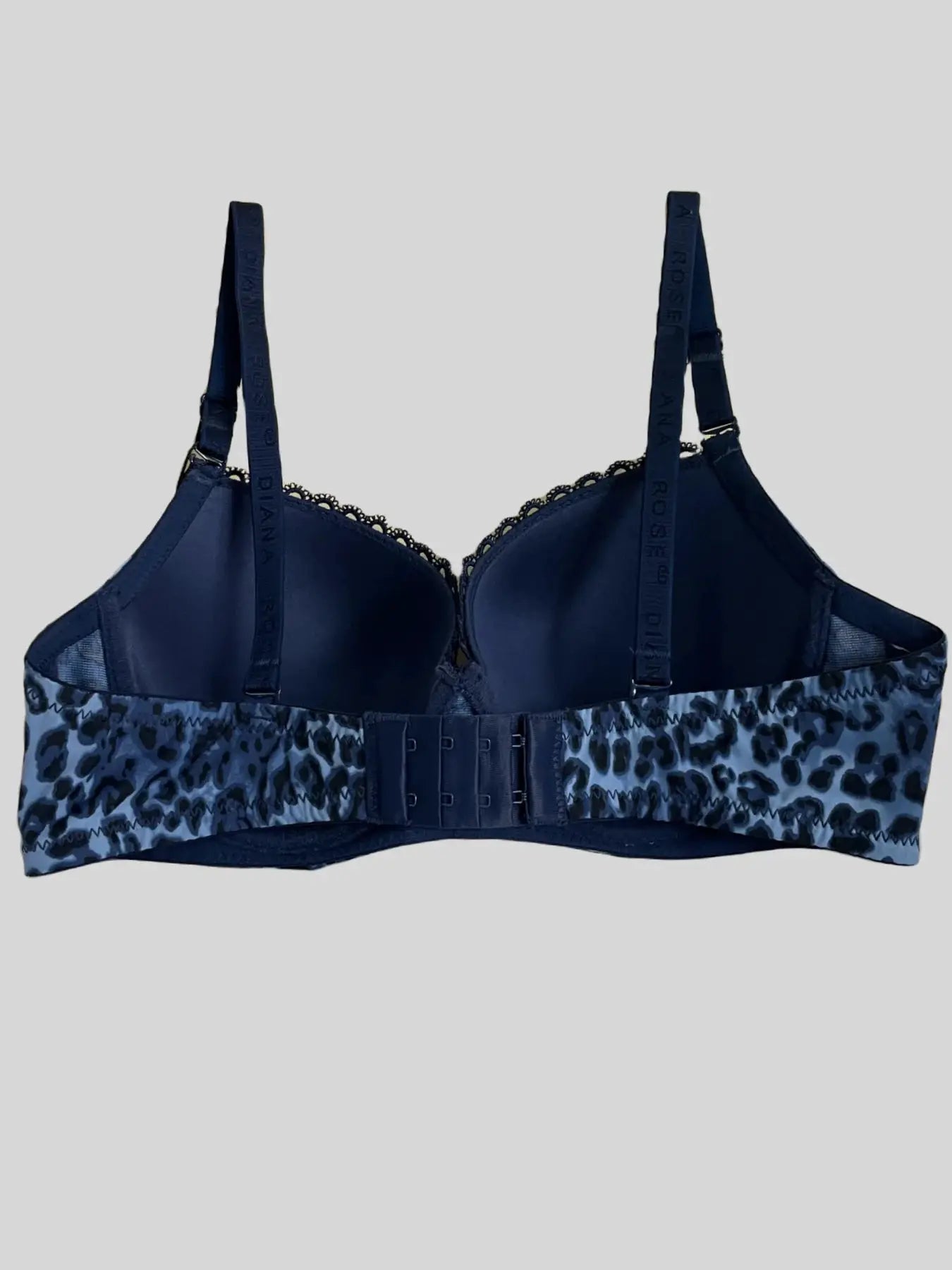 Diana Rose leopard print push-up bra in navy with lace trim, adjustable straps, back hook closure.
