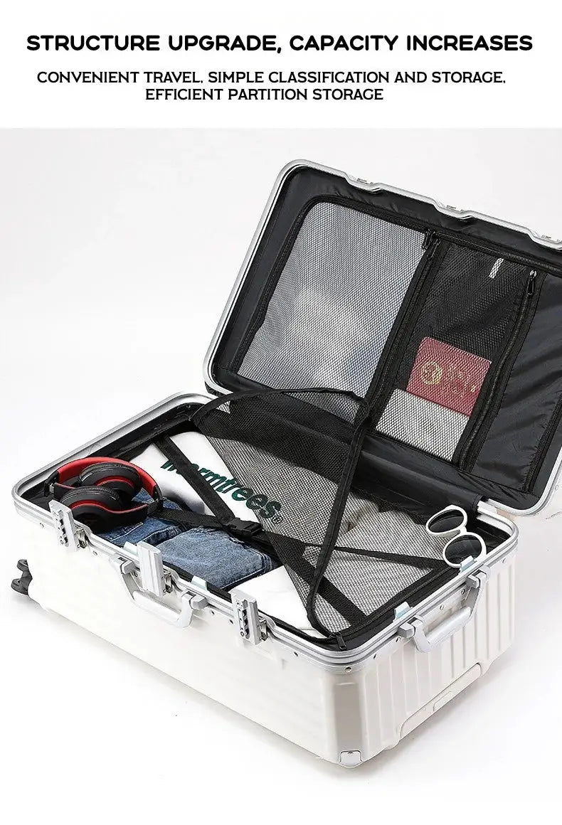 White hard-shell luggage suitcase with mesh interior organizers, open for packing.