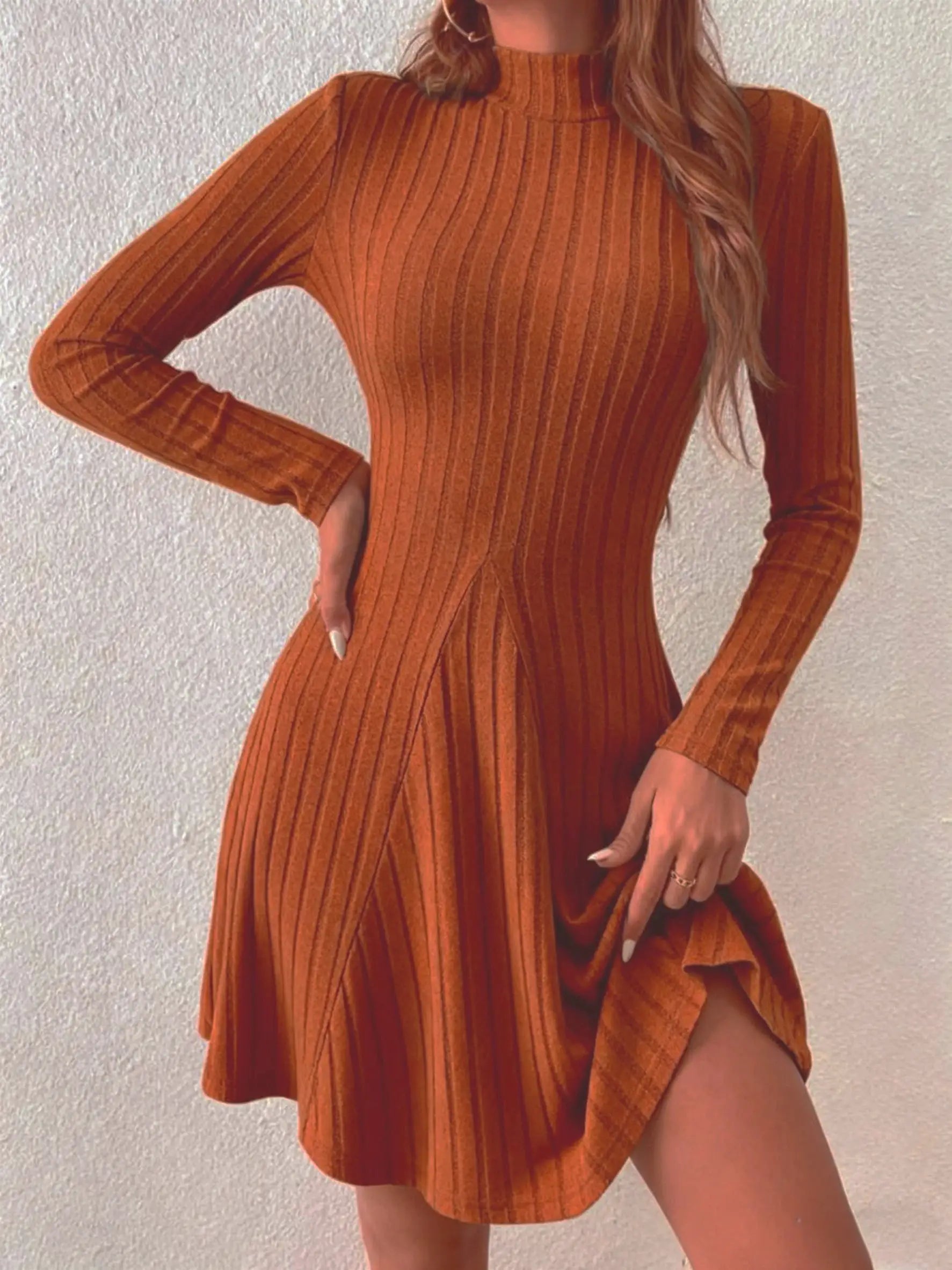 LuxeWeave Womens Slim Fit Dress With Half High Collar Cinched Waist Aline Pinstripe Long Sleeves For Autumn And Winter
