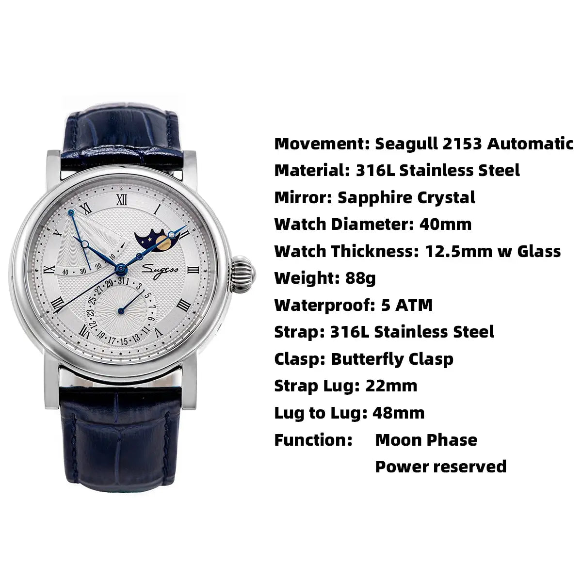 Sugess Moonphase men's watch with blue leather strap and moon phase display