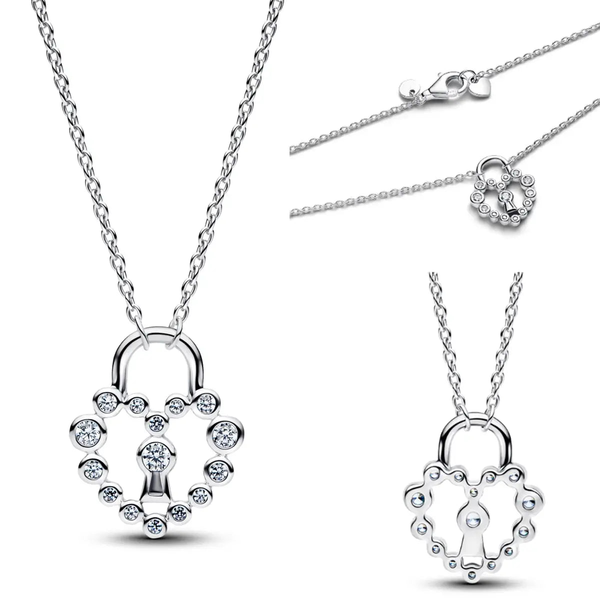 925 silver heart-shaped lock pendant necklace with crystal stones; two pendant styles shown on chains