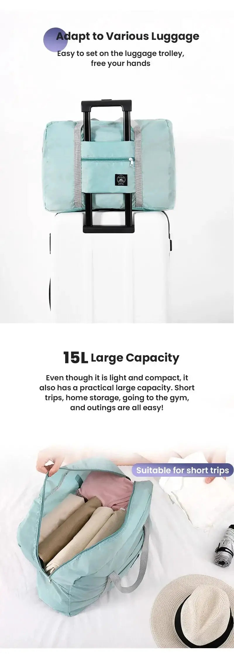 Foldable travel duffel bag by Simples Market in mint blue with front zip pocket, on a wheeled carry-on.