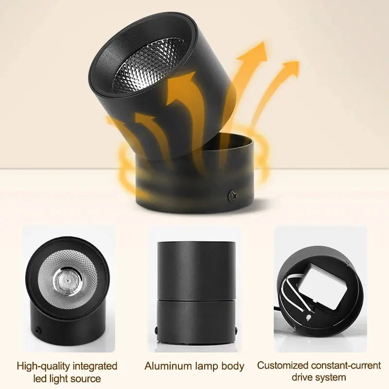 Simples Market black aluminum spot LED downlight, 3-color dimmable, surface-mounted ceiling lamp, 4 views
