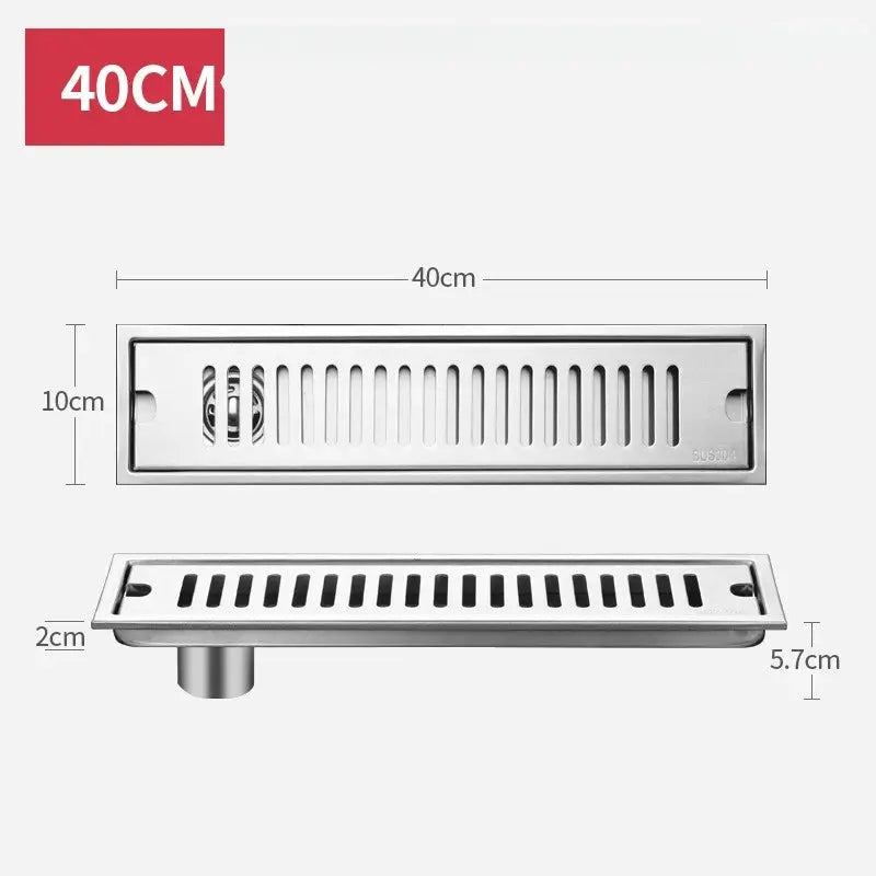 Long stainless steel 304 rectangular floor drain for showers, 40cm with slotted grate and anti-odor design.