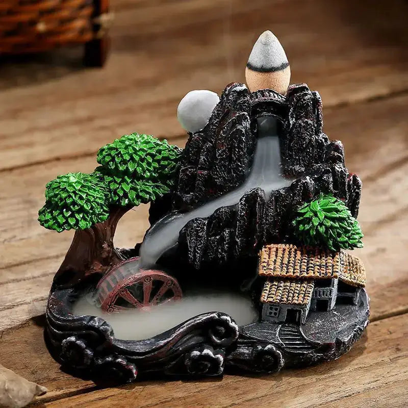 Resin Cascade Backflow Incense Burner With Mountain Waterfall Design For Home Decor And Meditation Gift