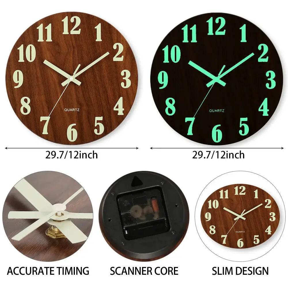 12-inch luminous wood wall clocks by Simples Market; silent movement with night light, two finishes shown