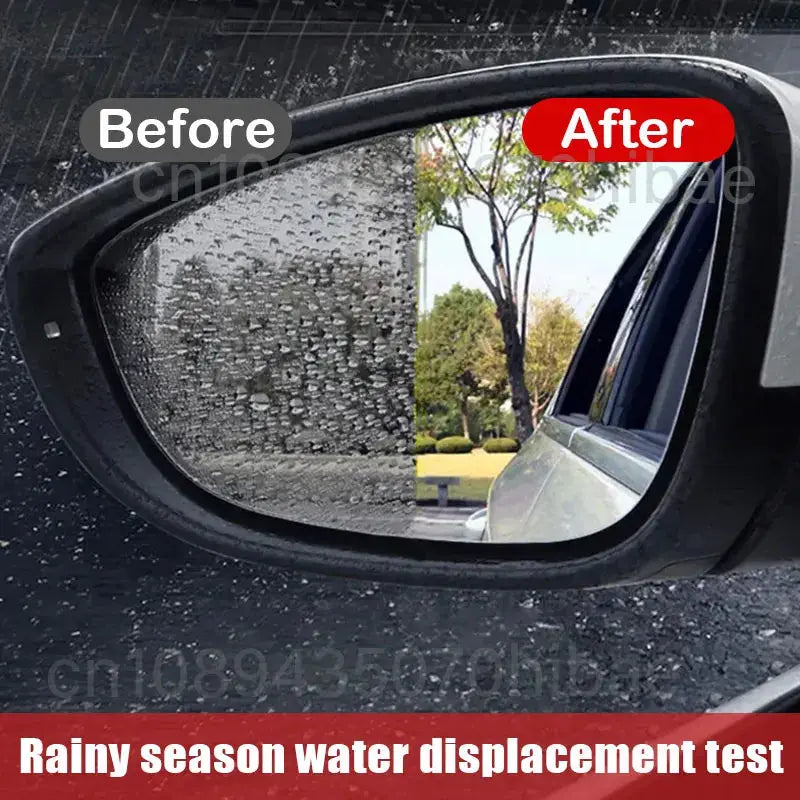Car glass anti-rain spray coating on side mirror; before droplets, after clear water-repellence test