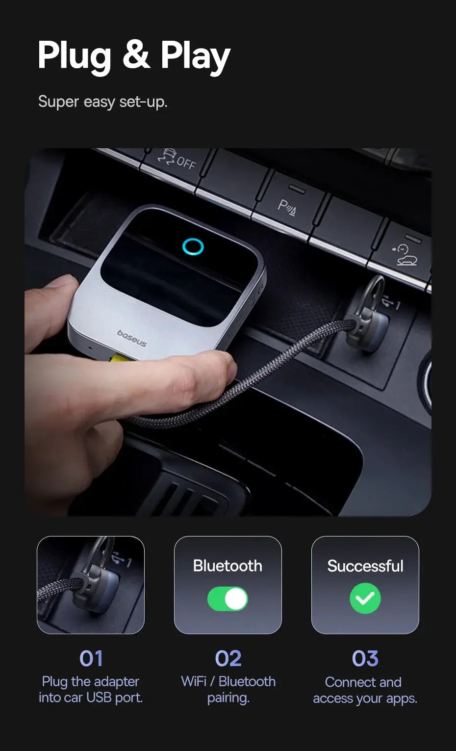 Baseus wireless CarPlay adapter plugged into car USB port, gray unit with a blue LED ring