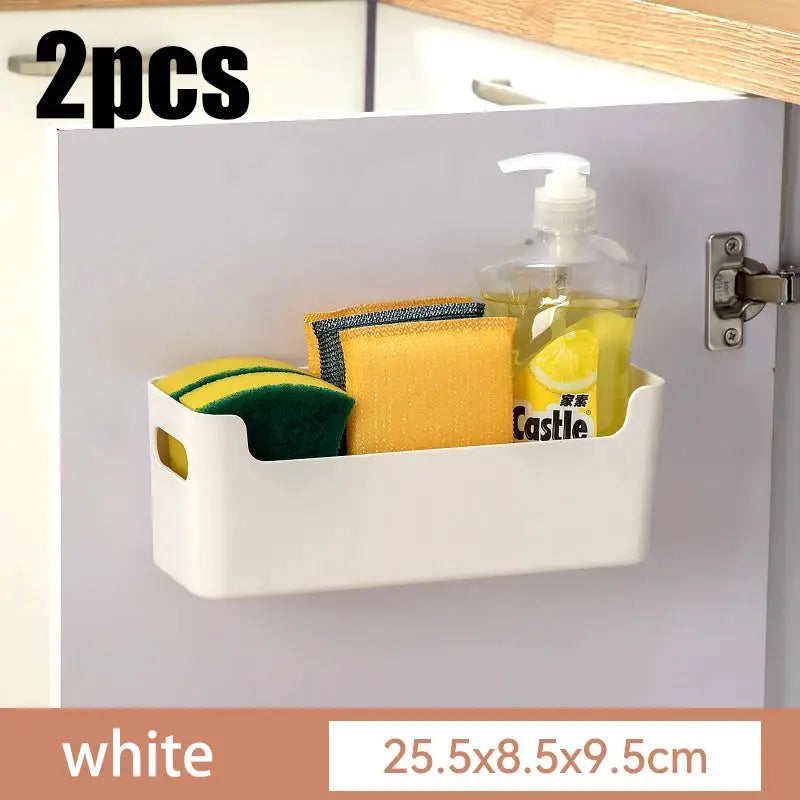 White plastic cling film rack, 2pc set, mounted inside cabinet door, holds sponge and dish soap.
