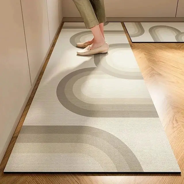 Japanese Style Soft Kitchen Diatomite Mud Floor Mat by Simples Market, anti-slip, absorbent, beige-gray runner.