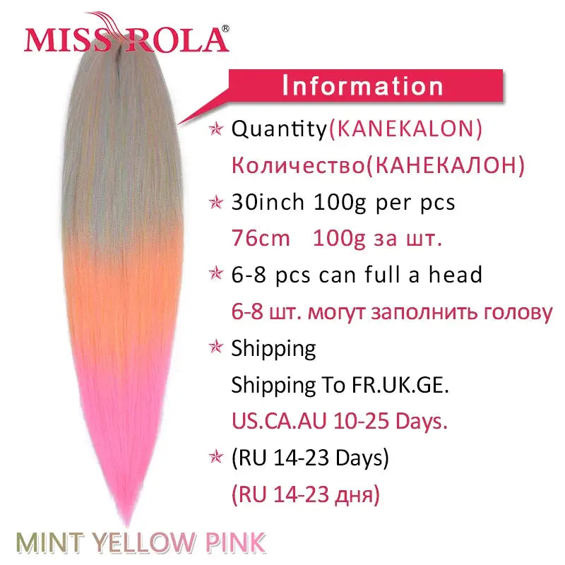 Miss Rola synthetic jumbo braiding hair, mint yellow pink gradient, 30-inch Kanekalon EZ Twist