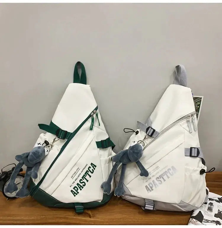New Y2k portable light nylon crossbody bag pair, white with green-gray trim, unisex travel bags by Simples Market.