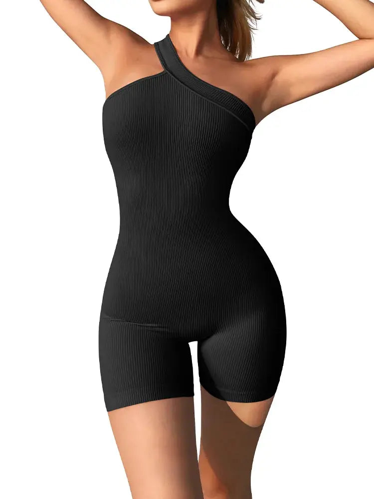 Simples Market black ribbed women's yoga romper jumpsuit with asymmetric one-shoulder strap