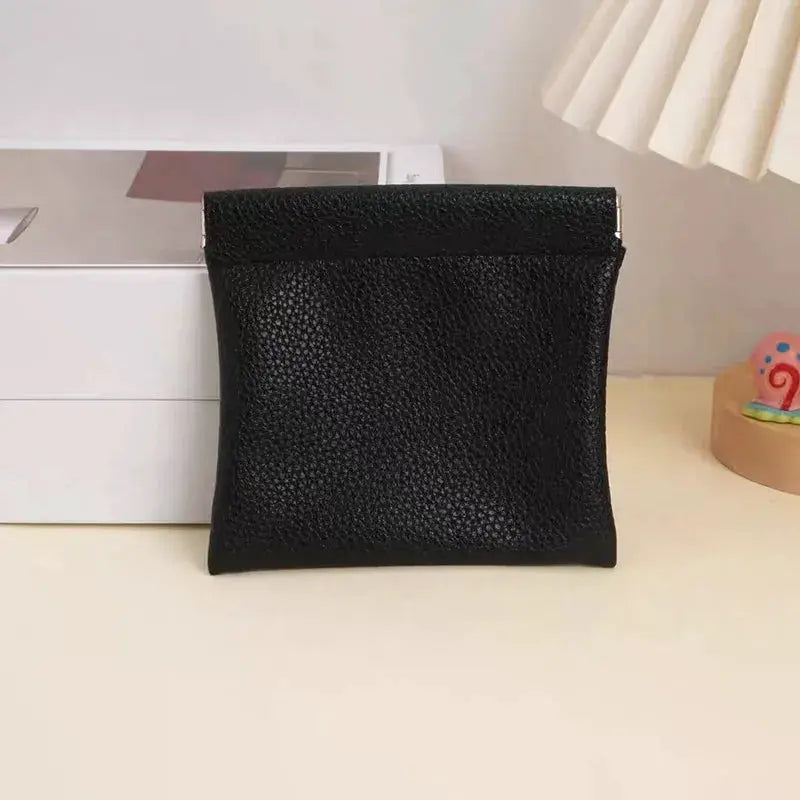 Wallet and ID holder pouch in black faux leather with self-closing top