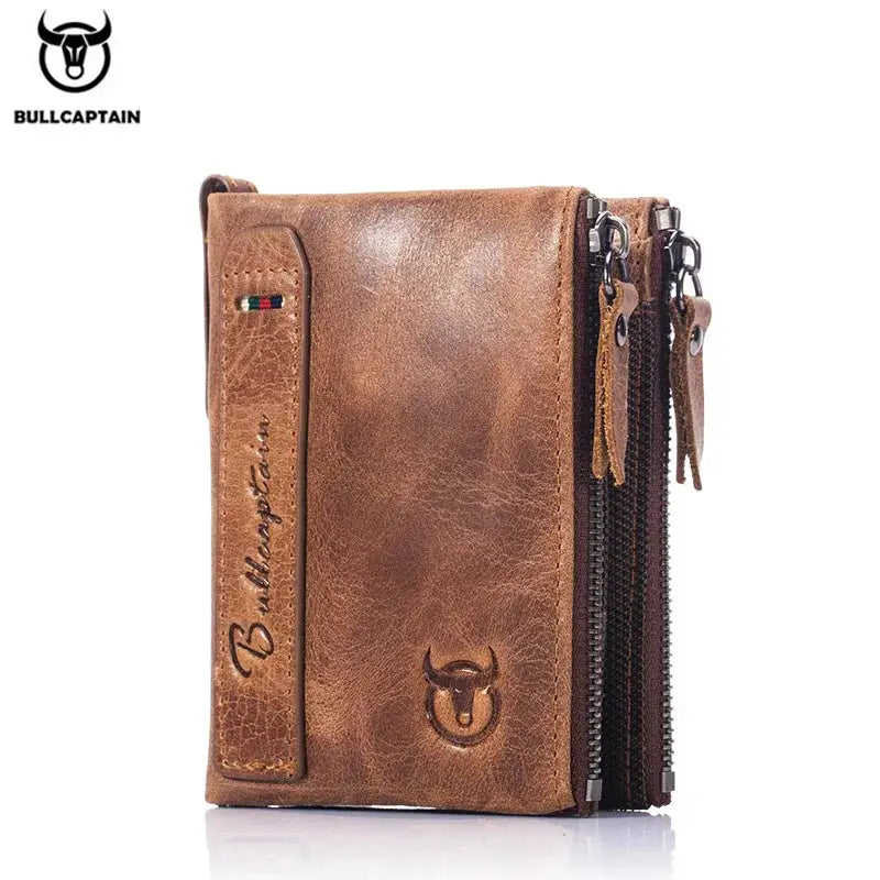 Bullcaptain retro leather men's wallet with multiple zippers, brown distressed leather, RFID.