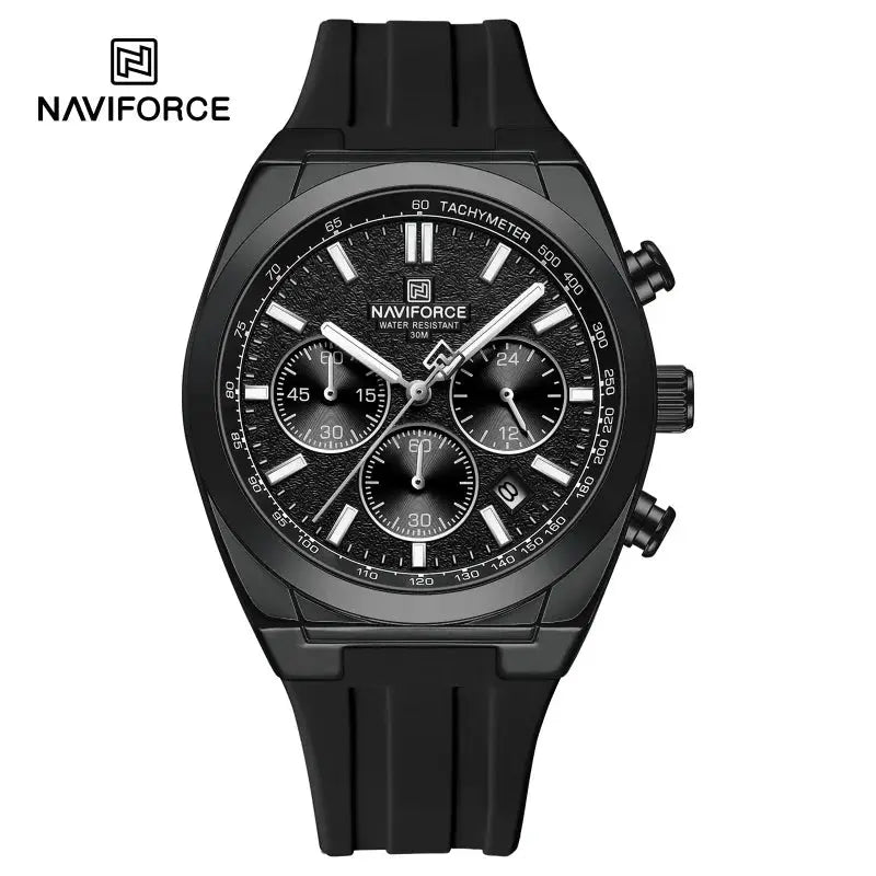 Naviforce men's wristwatch with black silicone strap, chronograph dial, luminous hands, 3ATM waterproof