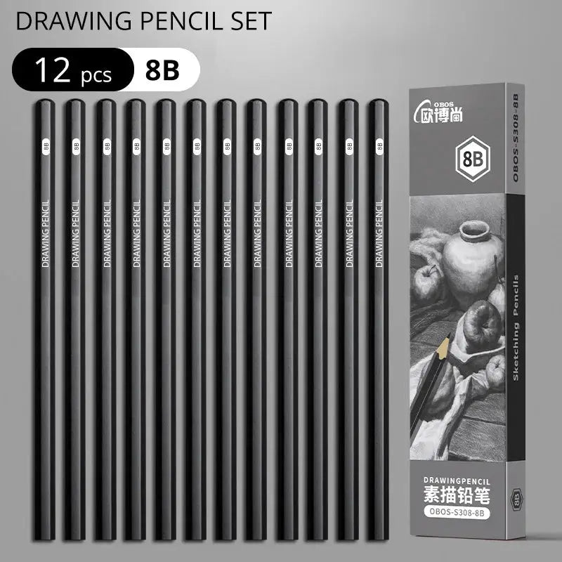 Simples Market drawing pencil set, 12 pcs graphite pencils with black barrels and matching box