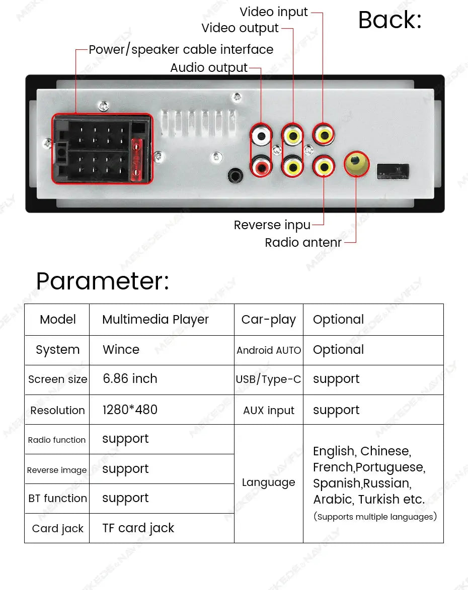 MEKEDE 6.86in 1DIN car radio back view with power harness, RCA audio/video outputs and antenna jack