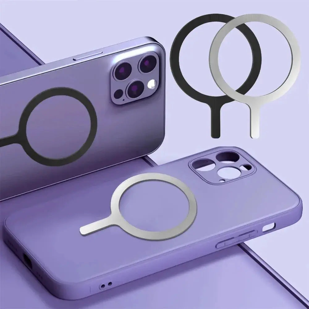 Set of 3 universal magnetic adapter rings for MagSafe iPhone; silver and black round metal plates