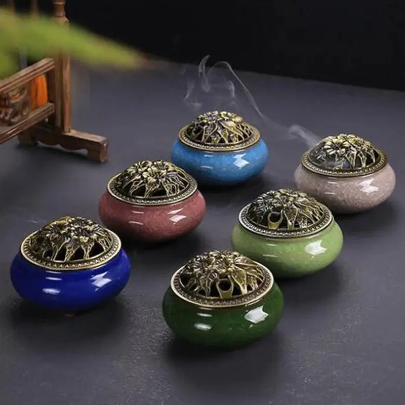 Ceramic Ice Crack Plate Incense Burner With Antique Copper Cover Aroma Diffuser Home Decor