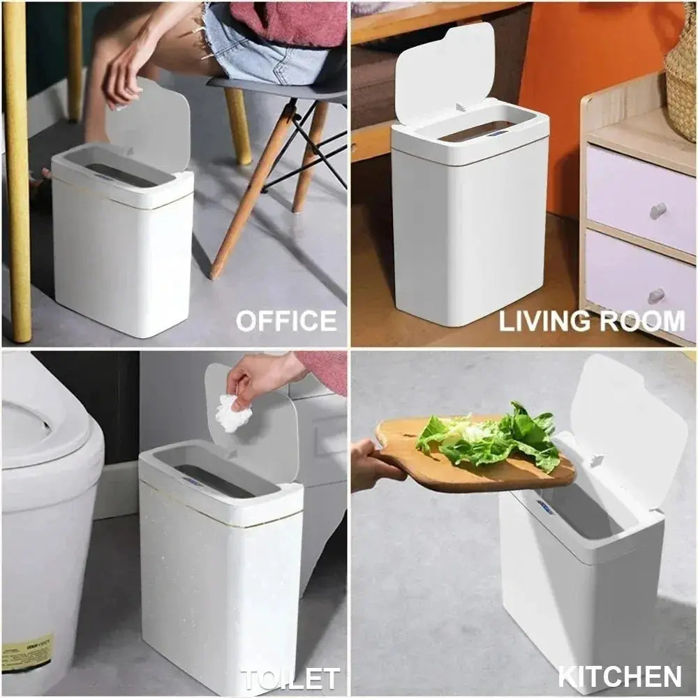Smart sensor trash can 15L by Simples Market; white, touchless, narrow, automatic lid; living room, kitchen, toilet