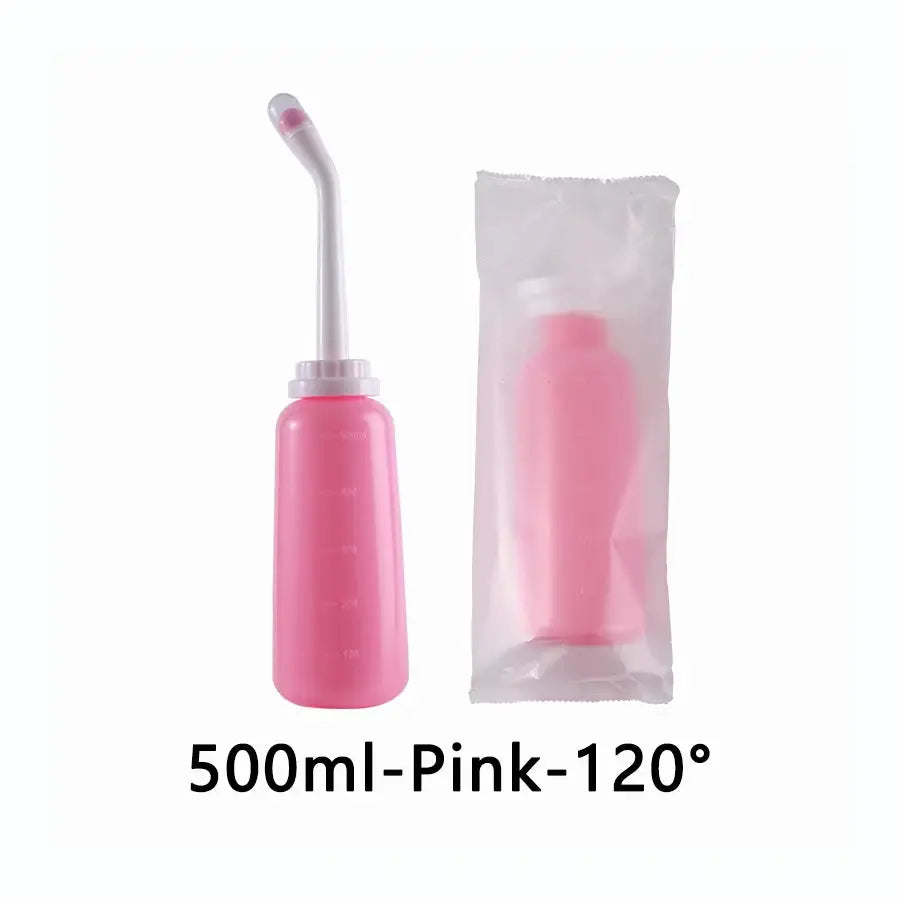 500ml pink portable bidet spray with curved nozzle, packaged in plastic bag (two items)