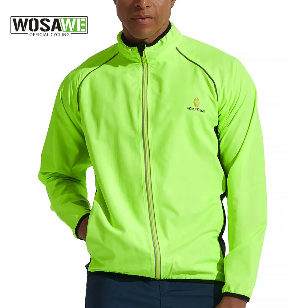 WOSAWE men's windproof water-repellent reflective cycling jacket, neon lime, long sleeve