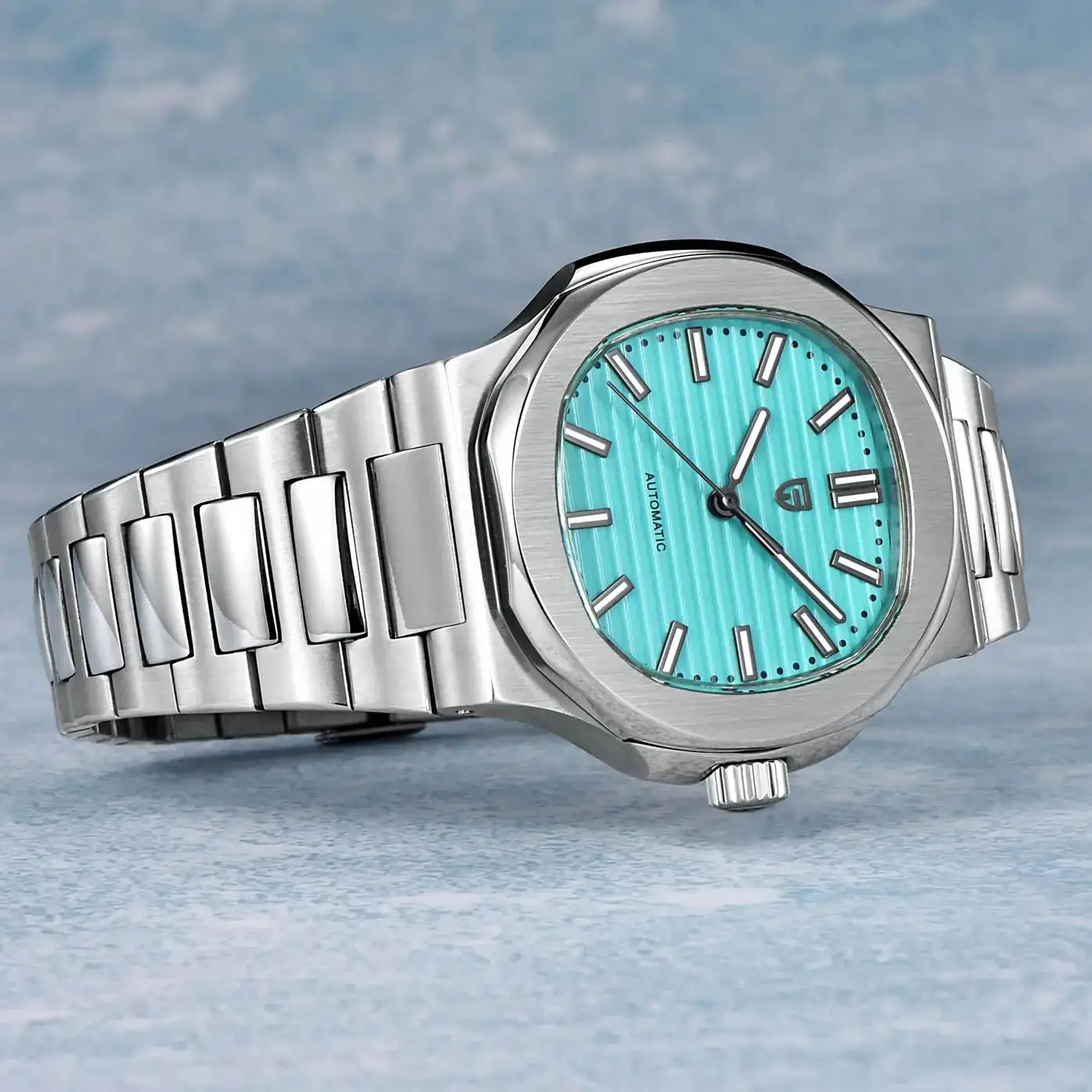 Pagani Design 40mm men's stainless steel automatic watch with turquoise dial and sapphire glass
