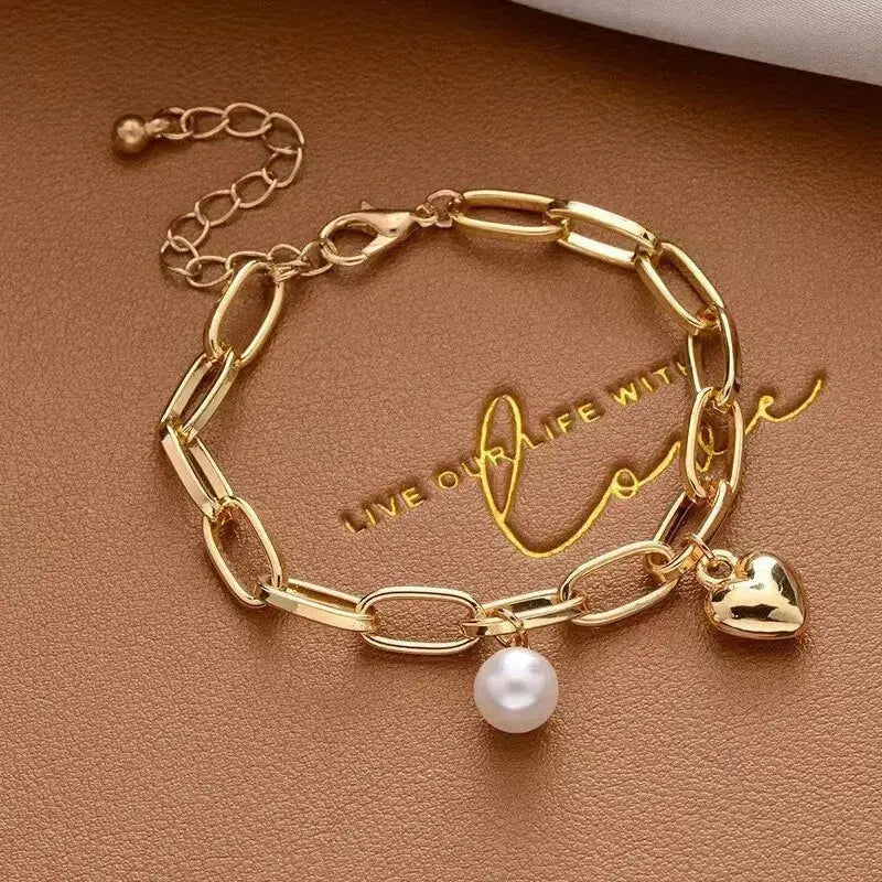 Gold Color Bracelet For Women Simple Style Thick Cross Chain With Love Human Head Cross Pearl Pendant