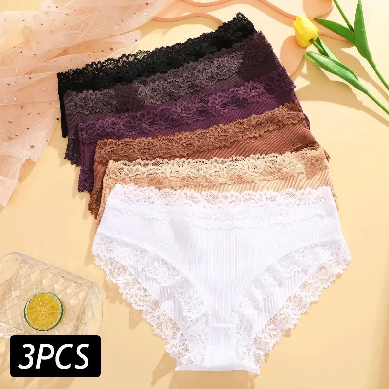 Simples Market 3pc lace cotton panties low-rise briefs in black, purple, brown, beige, white with lace trim