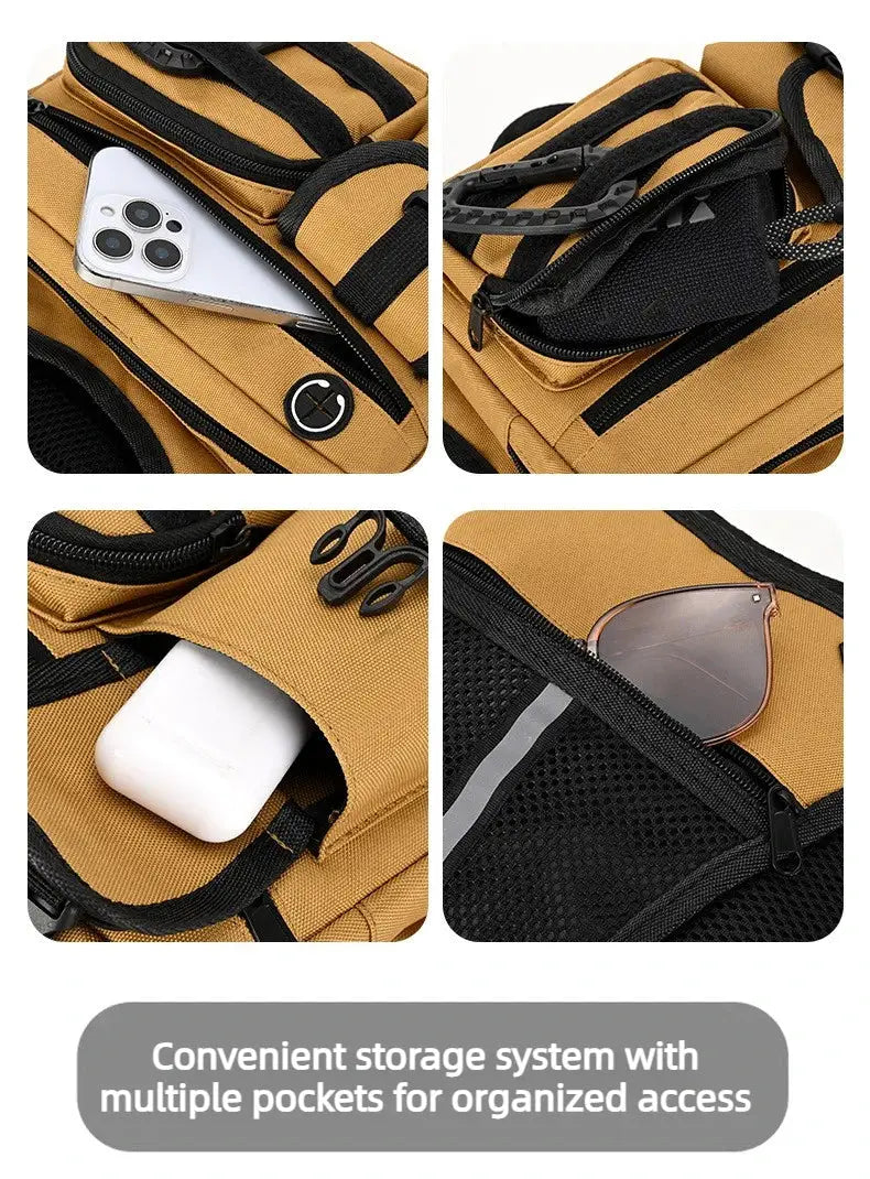 Outdoor tactical chest bag for men by Simples Market, tan nylon EDC bag with multiple zip pockets