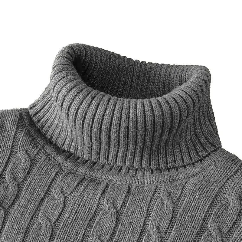 Men's grey heavyweight cable-knit turtleneck knitted sweater for outdoor wear