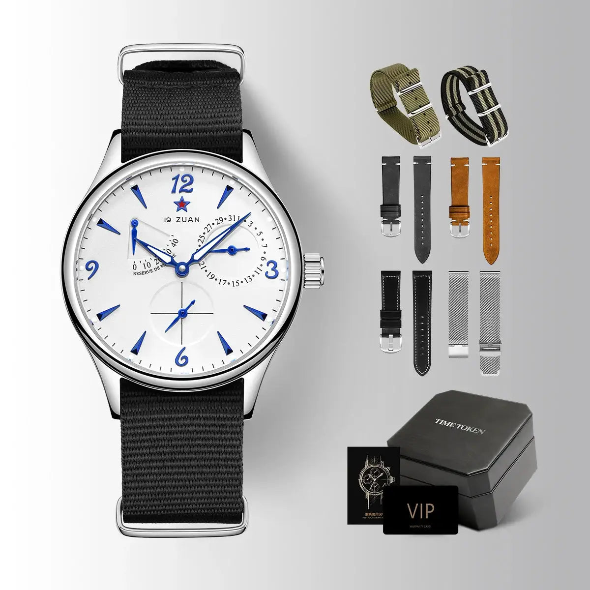 Simples Market Seagull ST17 40mm pilot watch, white dial with blue hands, sapphire crystal, multiple strap options.