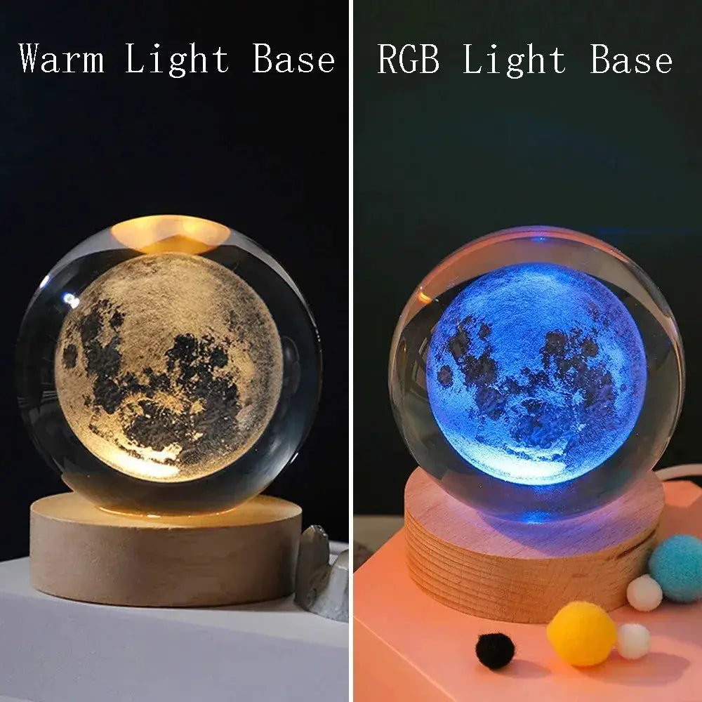 Simples Market 3D crystal ball night light with moon globe on wooden base; warm amber glow and blue RGB lighting.
