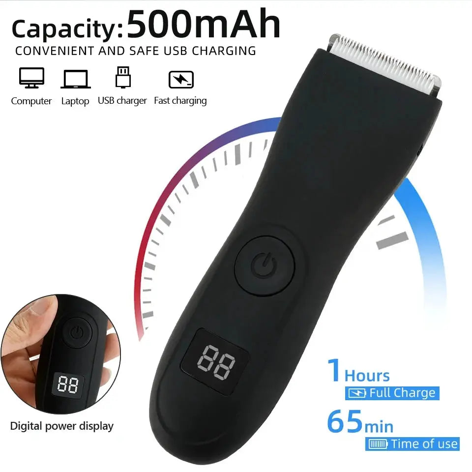 HOMEFISH Body Hair Trimmer by Simples Market; black cordless groin and body groomer with digital power display