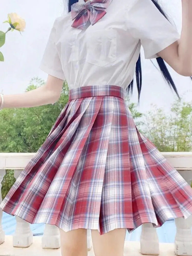 ZOKI plaid women's pleated high-waist A-line skirt in red, blue and white