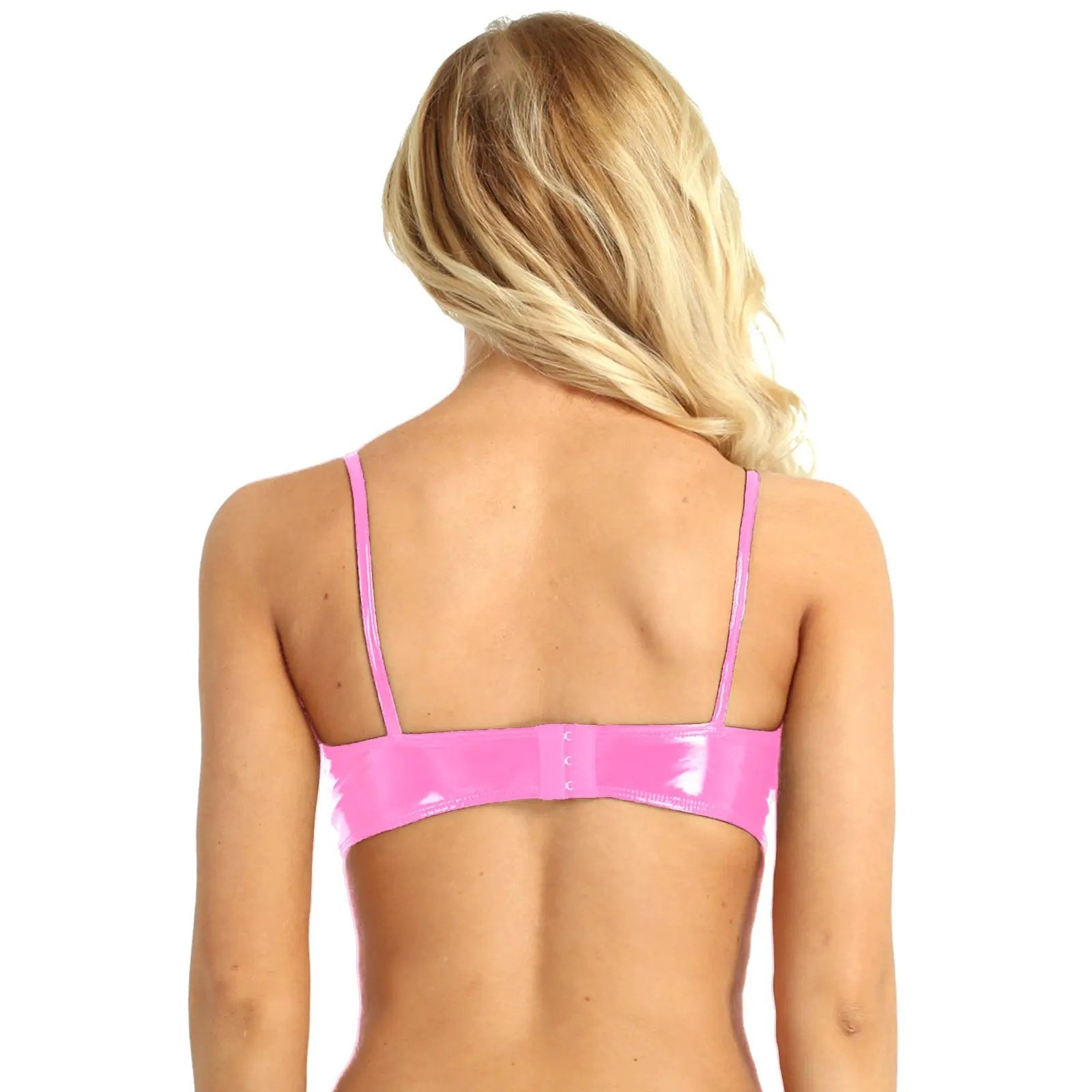 Pink patent-leather bra top with wetlook finish, back view