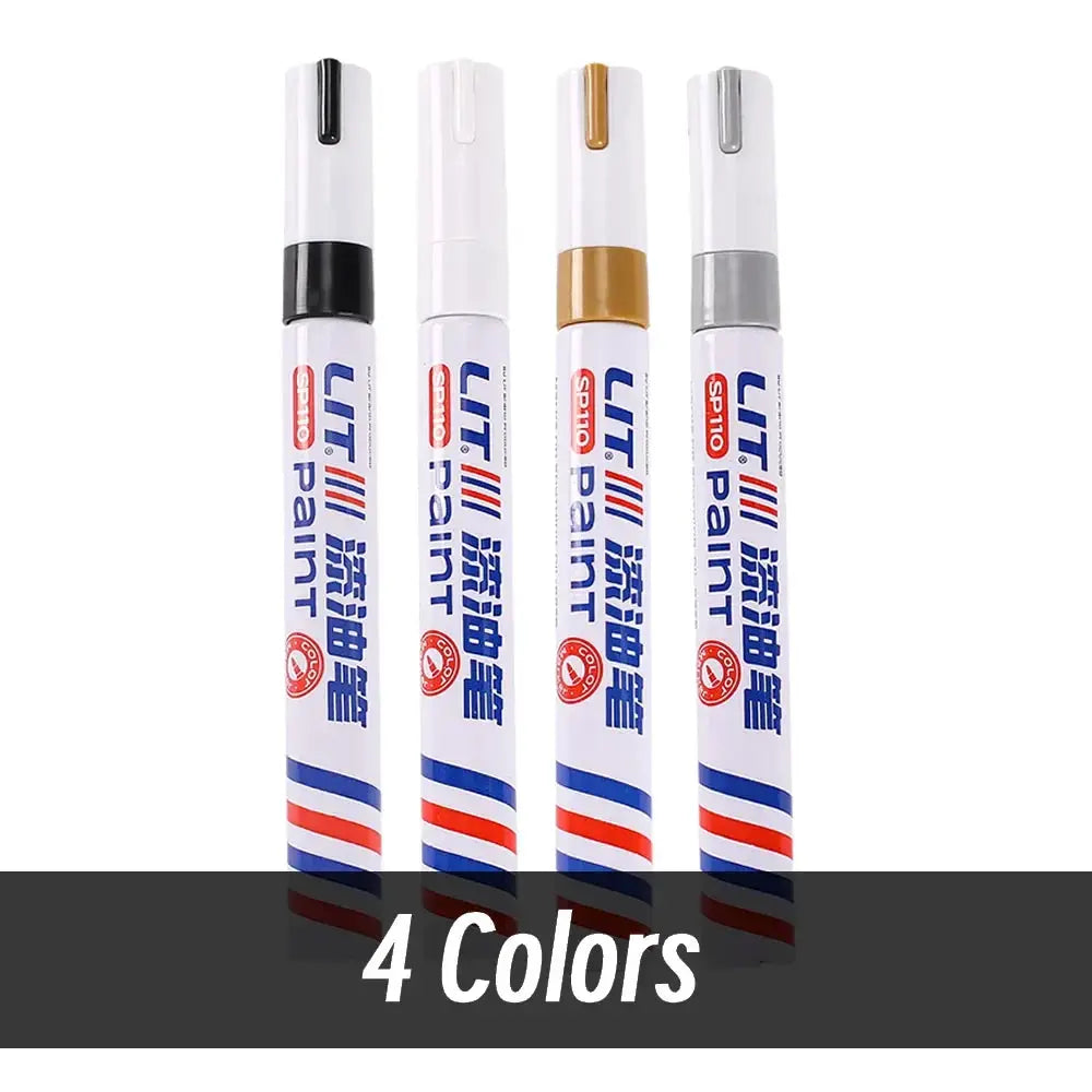 Permanent paint marker pens, set of 4 markers with black, white, brown, gray caps; waterproof for metal, rubber, fabric