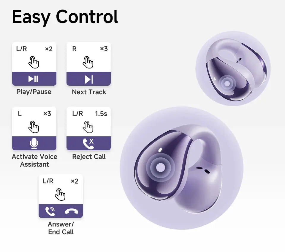 QCY Crossky C30 open-ear wireless earphones by Simples Market; lavender purple earbuds with Bluetooth 5.4