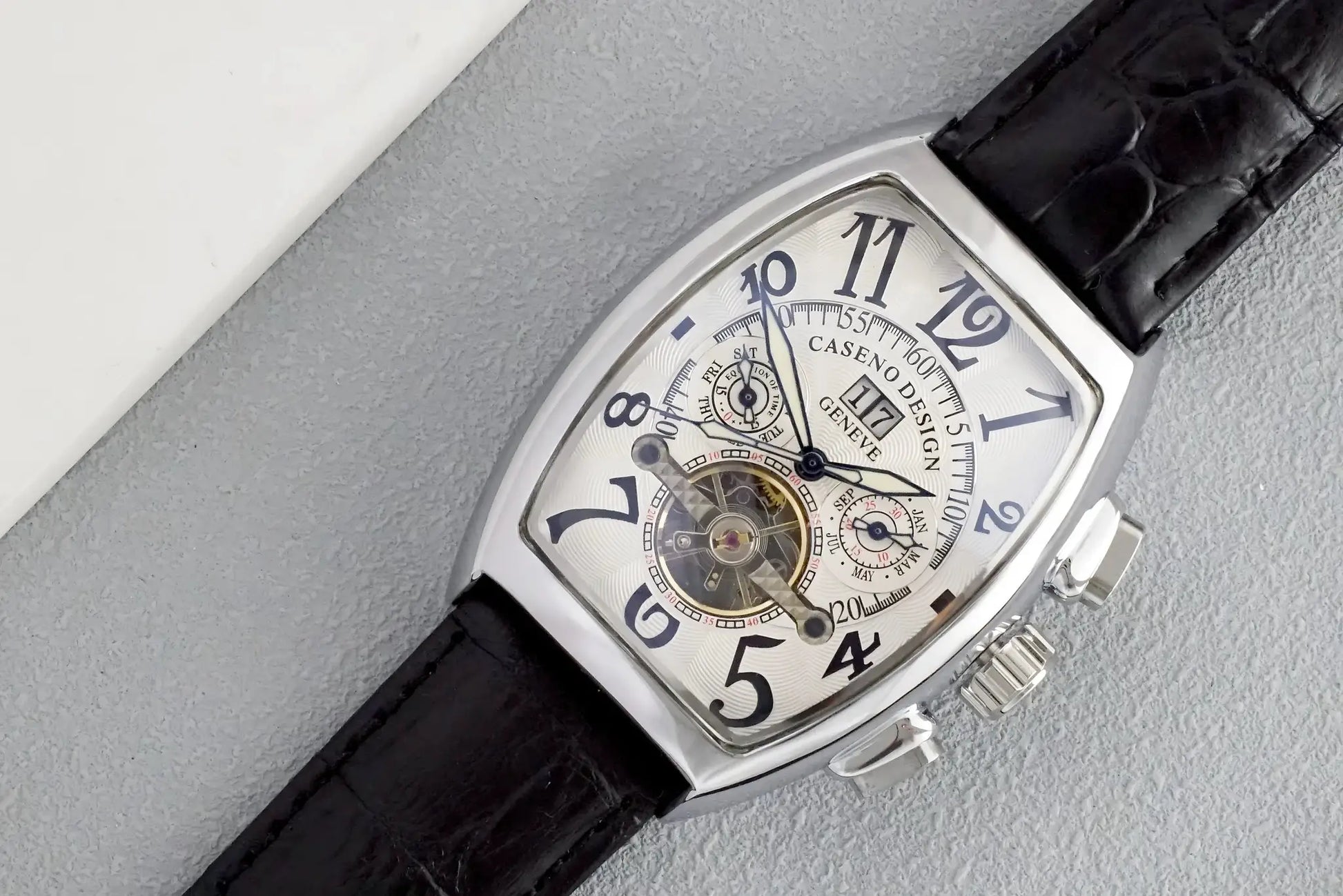 CASENO luxury men's automatic skeleton tourbillon watch with tonneau case by Simples Market, leather strap