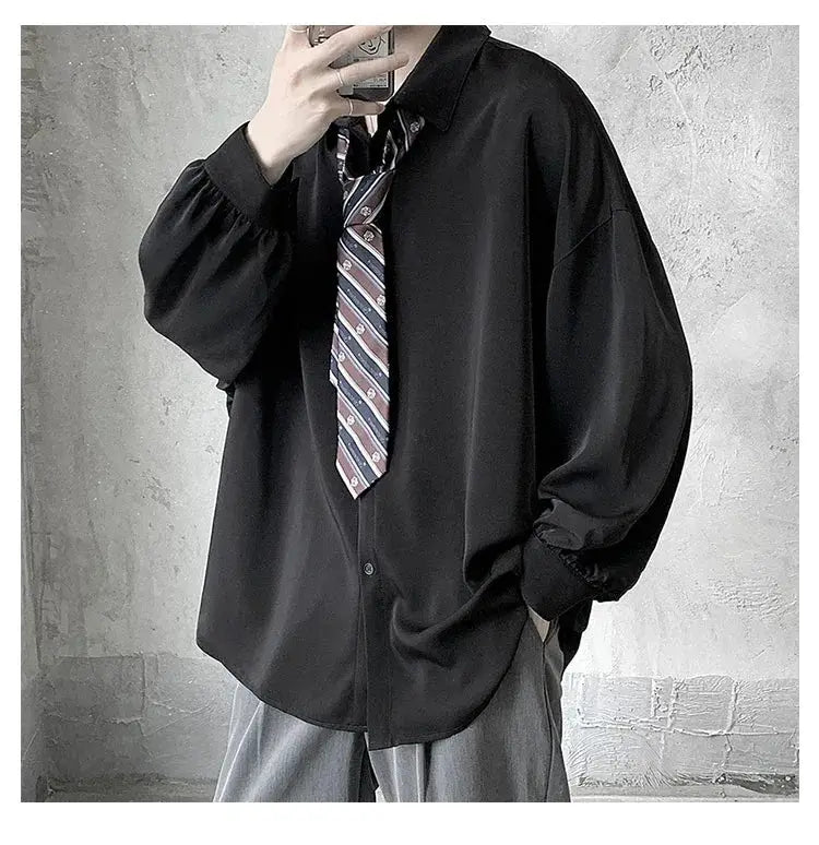 Men's oversized black long-sleeve shirt with puff sleeves
