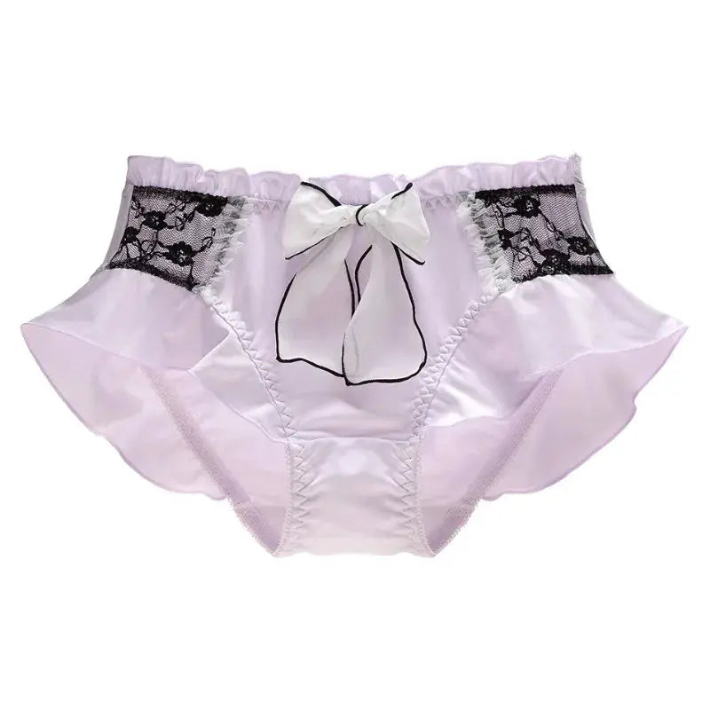 Women's pastel lavender lace panties with black lace panels, ruffle edges and bow